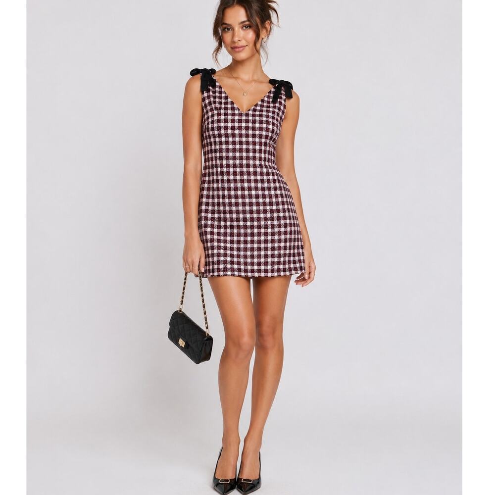 Kate Spade Red Pink Plaid Tweed Dress Womens 14 Preppy Academia Clueless Mini